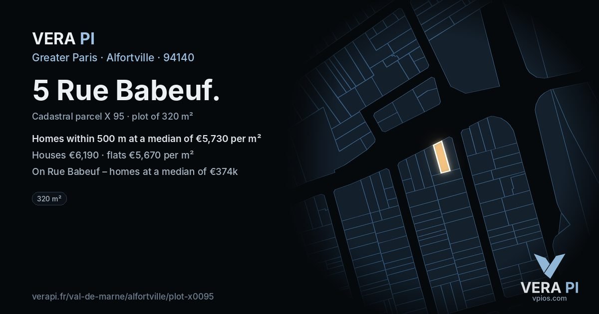 5 Rue Babeuf, Alfortville at night – the plot lit, the parcels around coloured by the prices near them