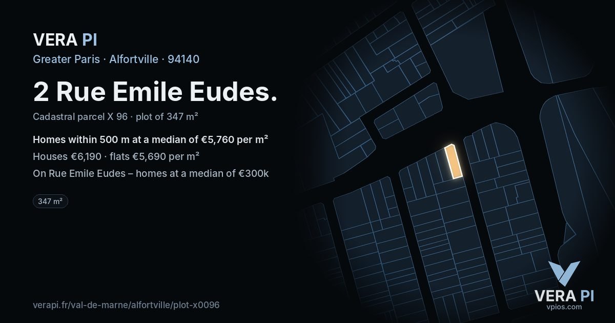 2 Rue Emile Eudes, Alfortville at night – the plot lit, the parcels around coloured by the prices near them
