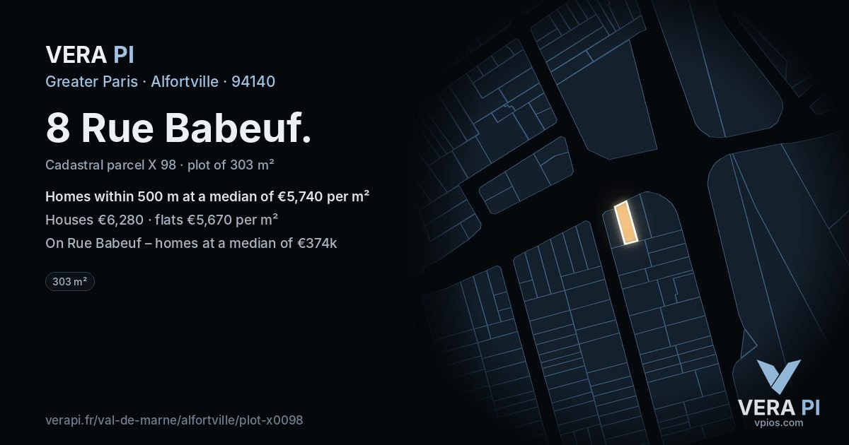 8 Rue Babeuf, Alfortville at night – the plot lit, the parcels around coloured by the prices near them