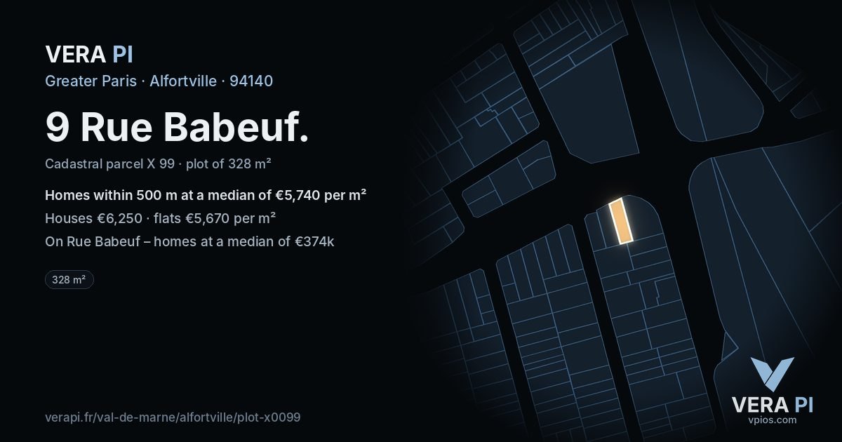 9 Rue Babeuf, Alfortville at night – the plot lit, the parcels around coloured by the prices near them