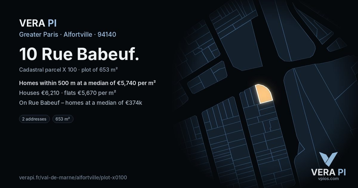 10 Rue Babeuf, Alfortville at night – the plot lit, the parcels around coloured by the prices near them