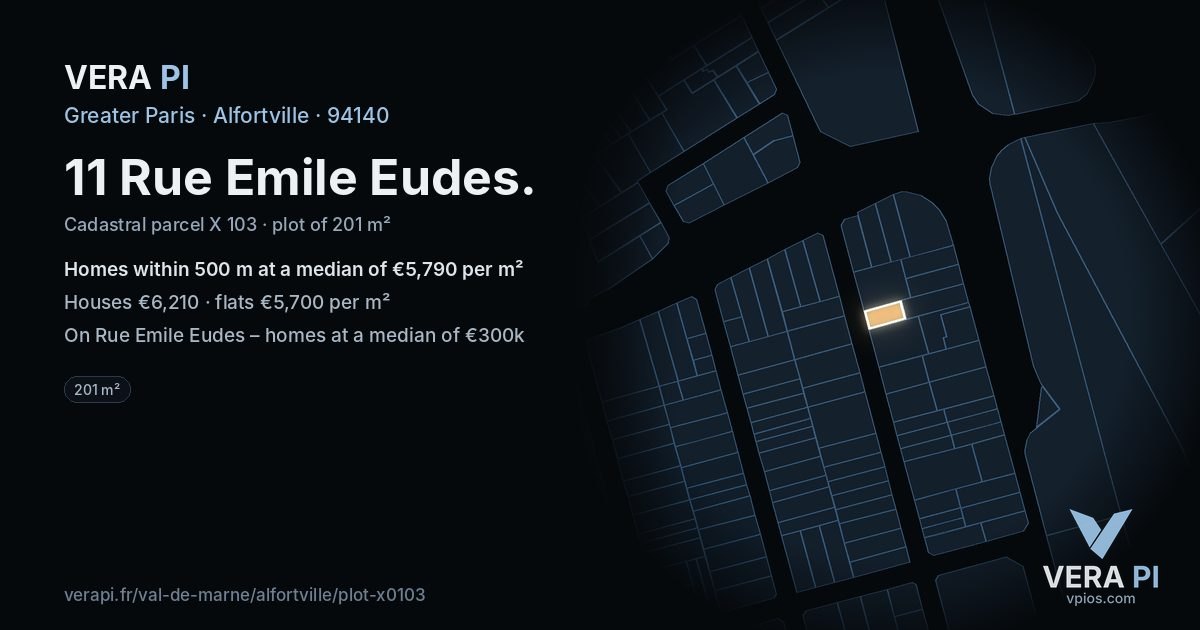 11 Rue Emile Eudes, Alfortville at night – the plot lit, the parcels around coloured by the prices near them