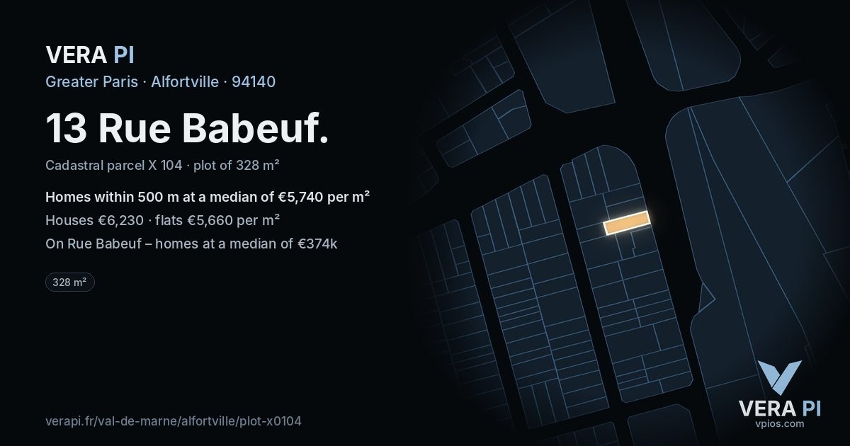 13 Rue Babeuf, Alfortville at night – the plot lit, the parcels around coloured by the prices near them