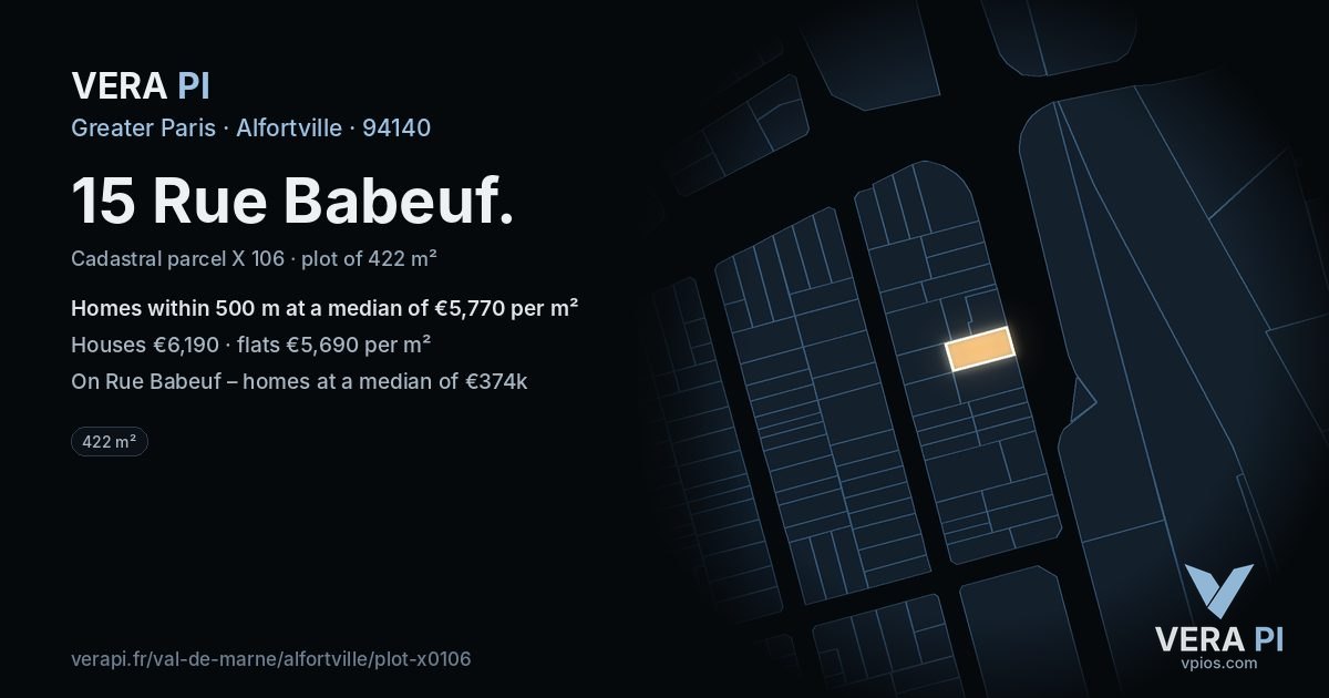 15 Rue Babeuf, Alfortville at night – the plot lit, the parcels around coloured by the prices near them