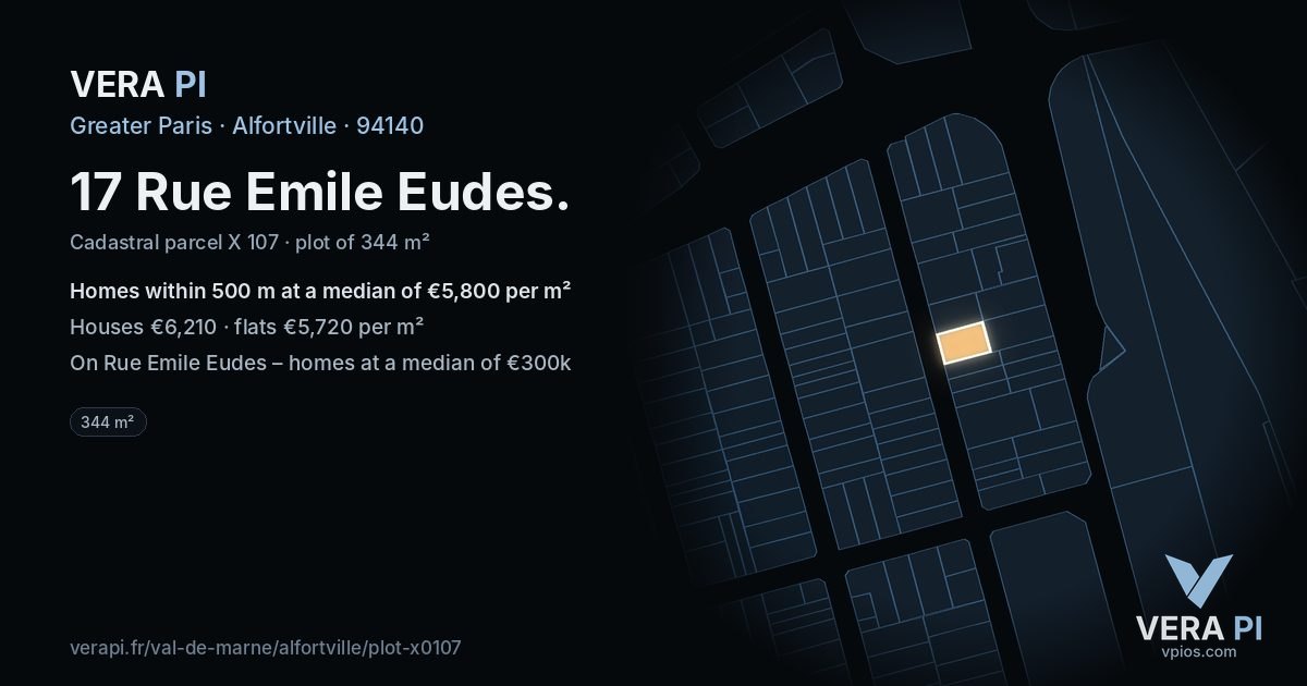 17 Rue Emile Eudes, Alfortville at night – the plot lit, the parcels around coloured by the prices near them