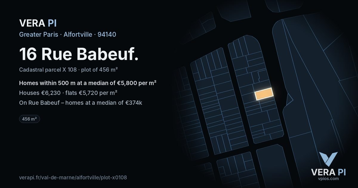 16 Rue Babeuf, Alfortville at night – the plot lit, the parcels around coloured by the prices near them