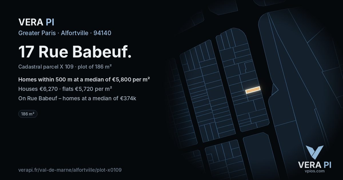 17 Rue Babeuf, Alfortville at night – the plot lit, the parcels around coloured by the prices near them