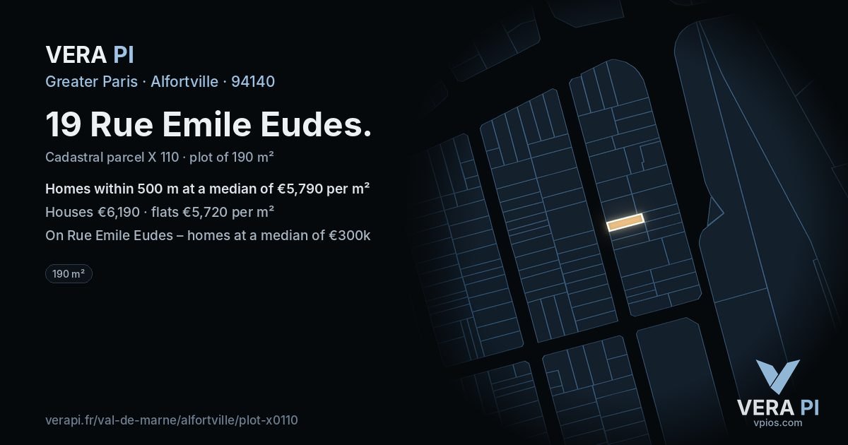 19 Rue Emile Eudes, Alfortville at night – the plot lit, the parcels around coloured by the prices near them
