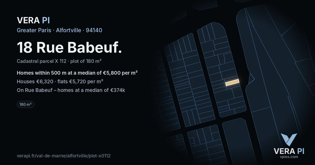 18 Rue Babeuf, Alfortville at night – the plot lit, the parcels around coloured by the prices near them