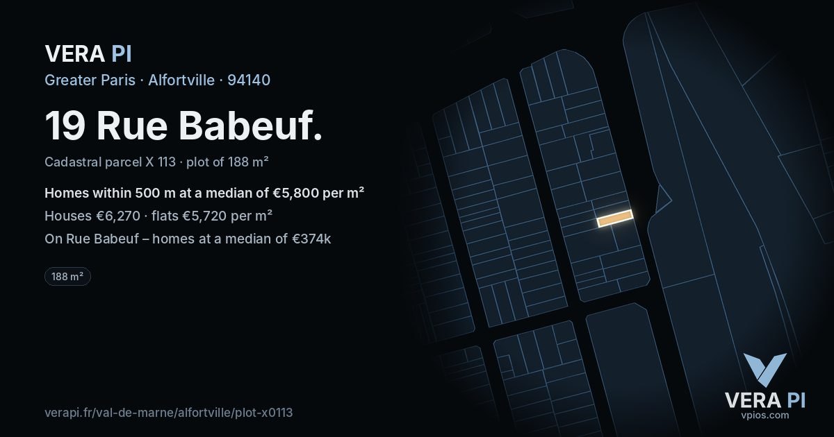 19 Rue Babeuf, Alfortville at night – the plot lit, the parcels around coloured by the prices near them