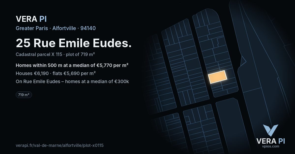 25 Rue Emile Eudes, Alfortville at night – the plot lit, the parcels around coloured by the prices near them