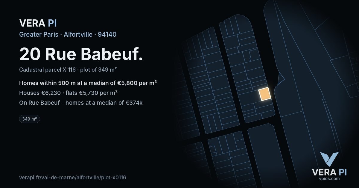 20 Rue Babeuf, Alfortville at night – the plot lit, the parcels around coloured by the prices near them