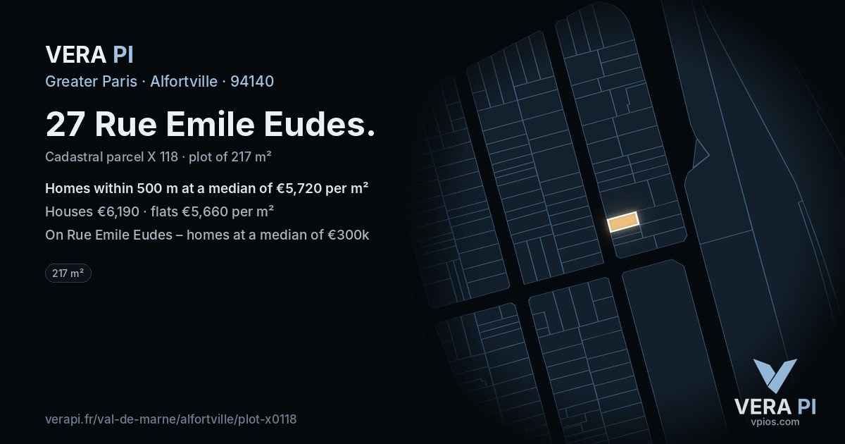 27 Rue Emile Eudes, Alfortville at night – the plot lit, the parcels around coloured by the prices near them