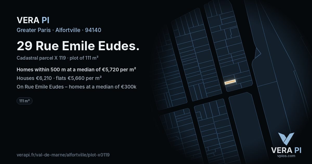 29 Rue Emile Eudes, Alfortville at night – the plot lit, the parcels around coloured by the prices near them