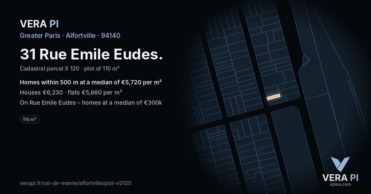31 Rue Emile Eudes, Alfortville at night – the plot lit, the parcels around coloured by the prices near them