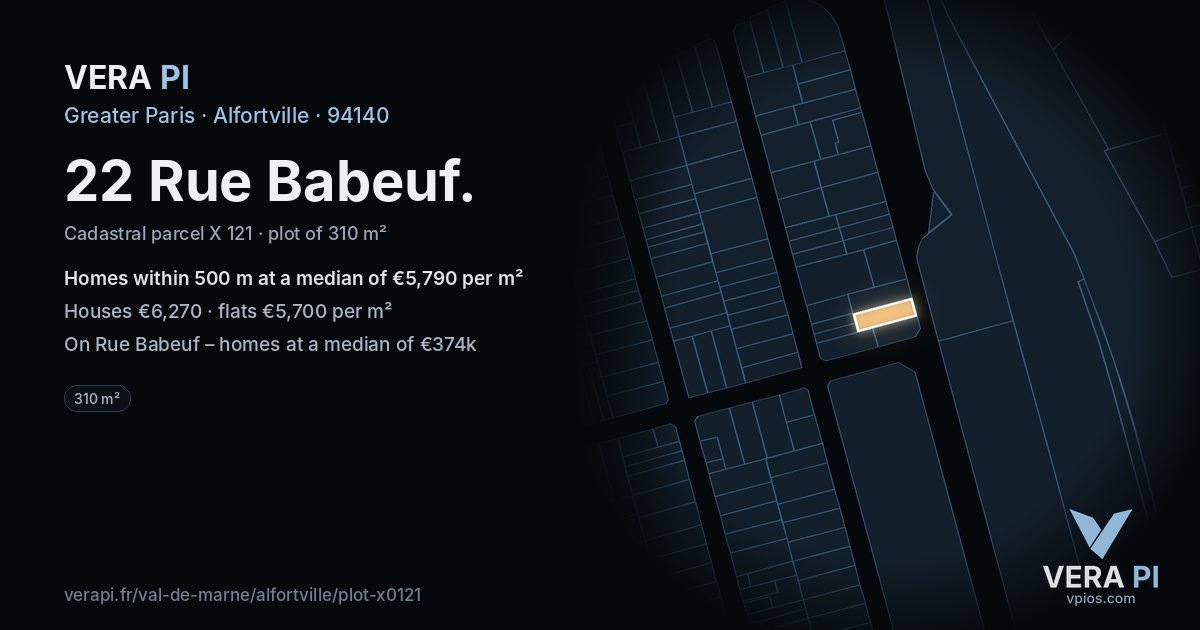 22 Rue Babeuf, Alfortville at night – the plot lit, the parcels around coloured by the prices near them
