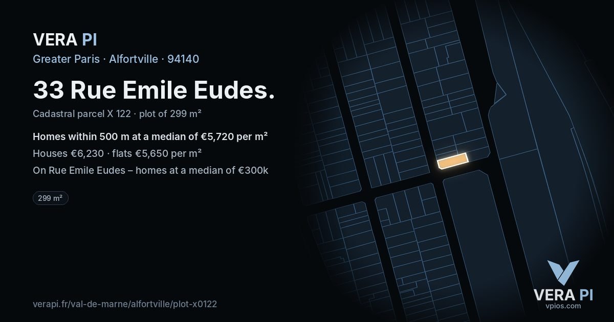 33 Rue Emile Eudes, Alfortville at night – the plot lit, the parcels around coloured by the prices near them