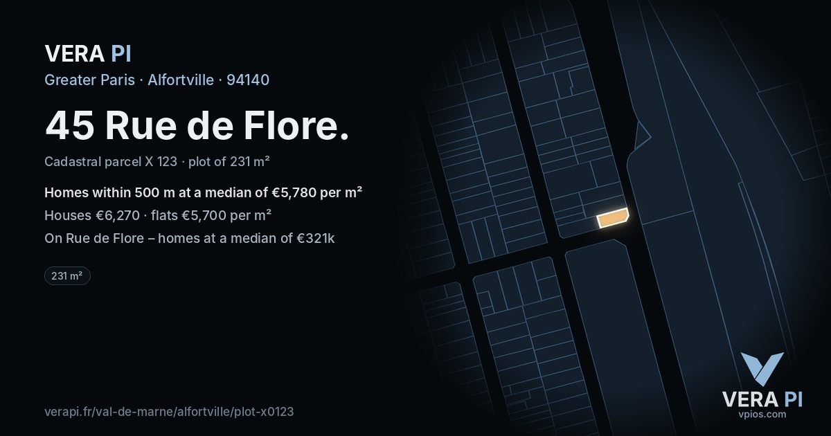 45 Rue de Flore, Alfortville at night – the plot lit, the parcels around coloured by the prices near them
