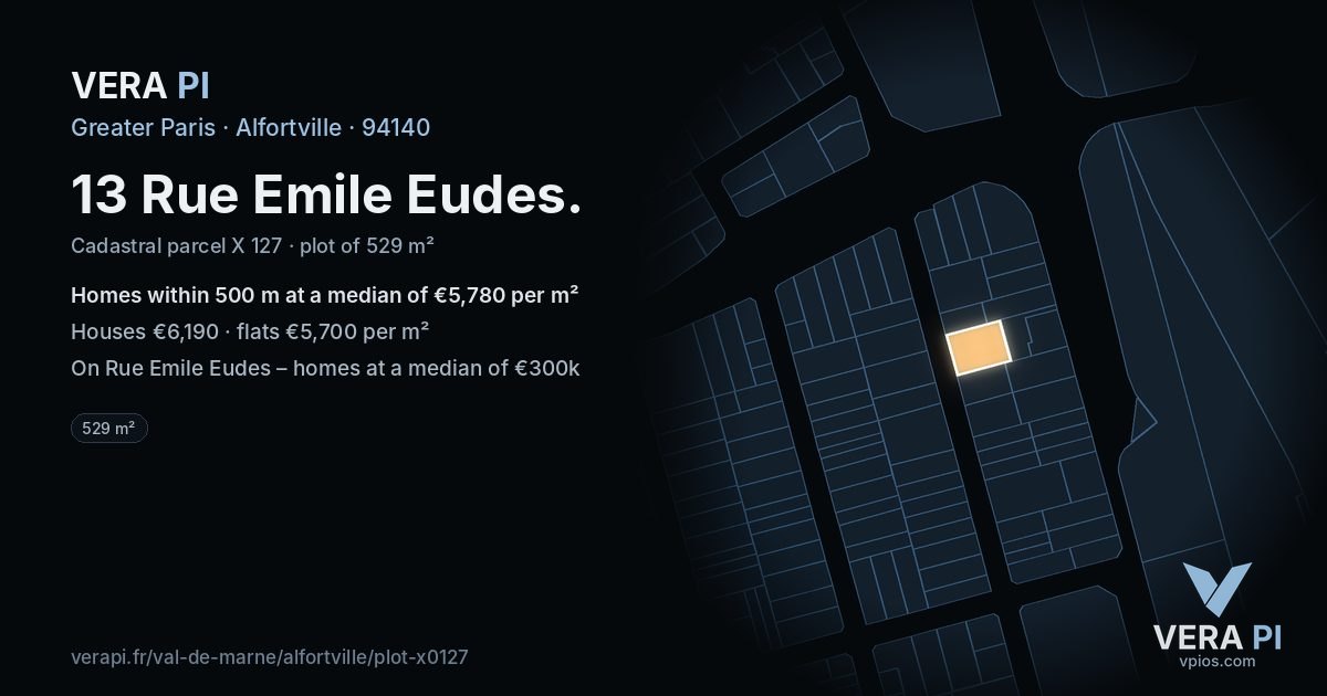 13 Rue Emile Eudes, Alfortville at night – the plot lit, the parcels around coloured by the prices near them