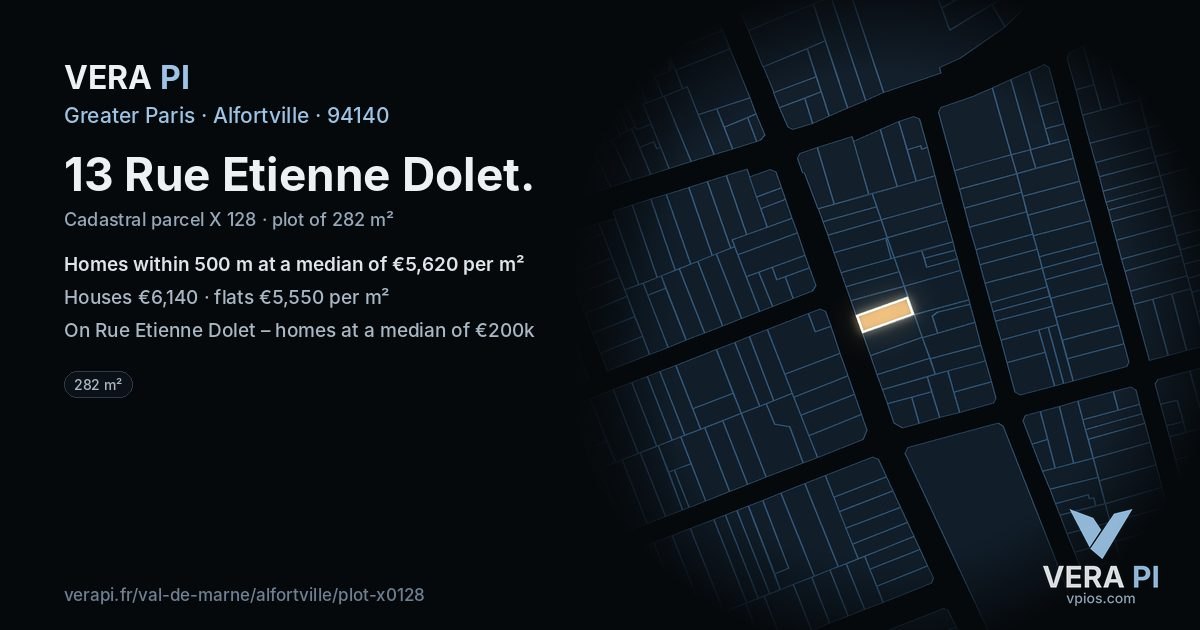 13 Rue Etienne Dolet, Alfortville at night – the plot lit, the parcels around coloured by the prices near them