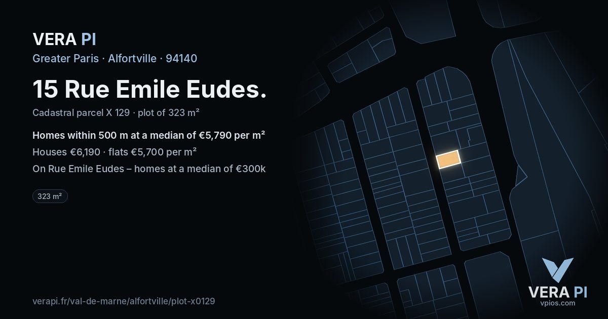 15 Rue Emile Eudes, Alfortville at night – the plot lit, the parcels around coloured by the prices near them