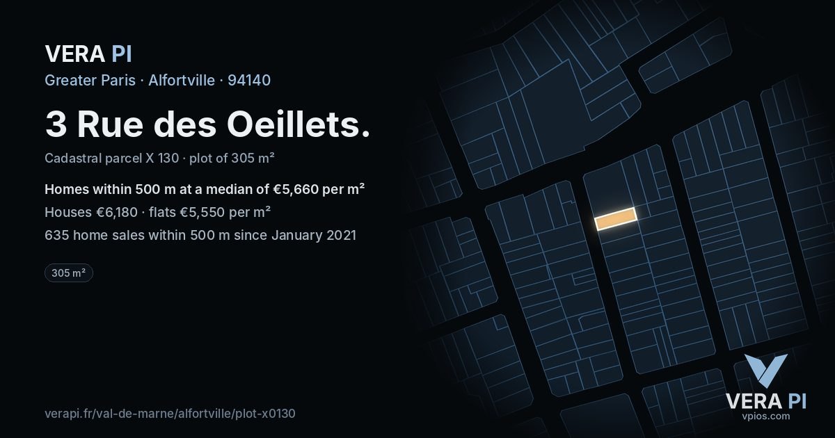 3 Rue des Oeillets, Alfortville at night – the plot lit, the parcels around coloured by the prices near them