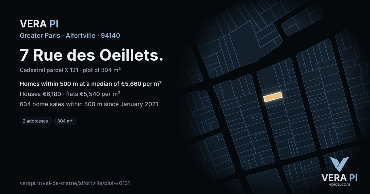 7 Rue des Oeillets, Alfortville at night – the plot lit, the parcels around coloured by the prices near them