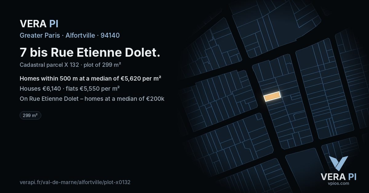 7 bis Rue Etienne Dolet, Alfortville at night – the plot lit, the parcels around coloured by the prices near them
