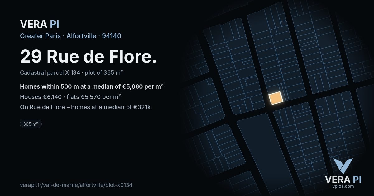 29 Rue de Flore, Alfortville at night – the plot lit, the parcels around coloured by the prices near them