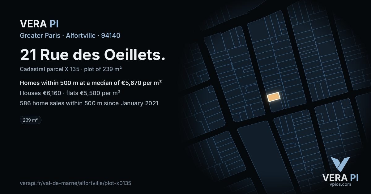 21 Rue des Oeillets, Alfortville at night – the plot lit, the parcels around coloured by the prices near them