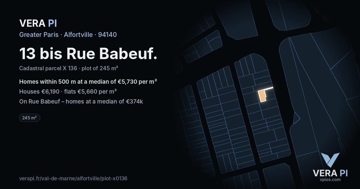 13 bis Rue Babeuf, Alfortville at night – the plot lit, the parcels around coloured by the prices near them