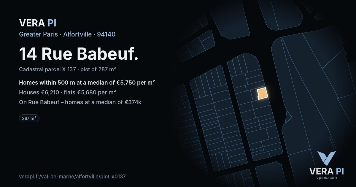 14 Rue Babeuf, Alfortville at night – the plot lit, the parcels around coloured by the prices near them
