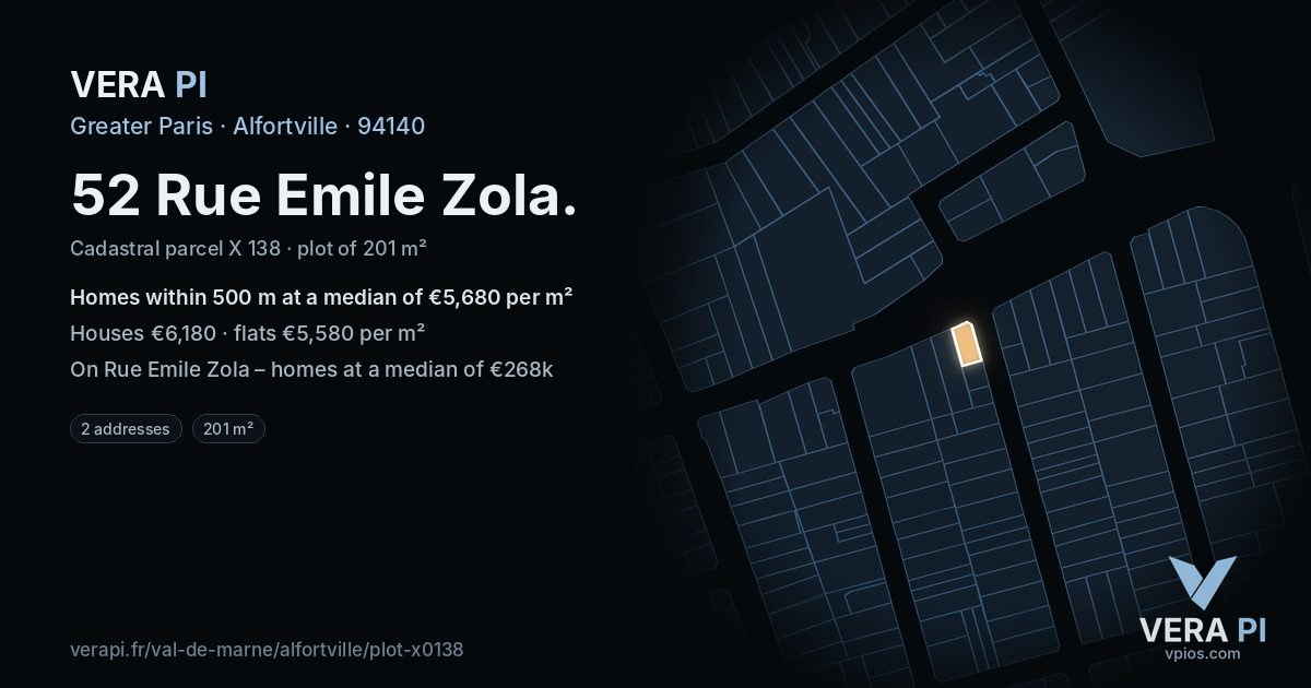 52 Rue Emile Zola, Alfortville at night – the plot lit, the parcels around coloured by the prices near them