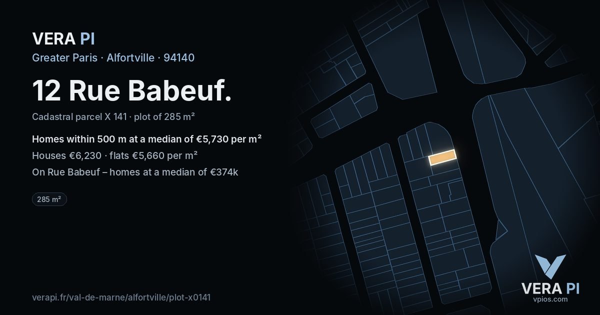 12 Rue Babeuf, Alfortville at night – the plot lit, the parcels around coloured by the prices near them