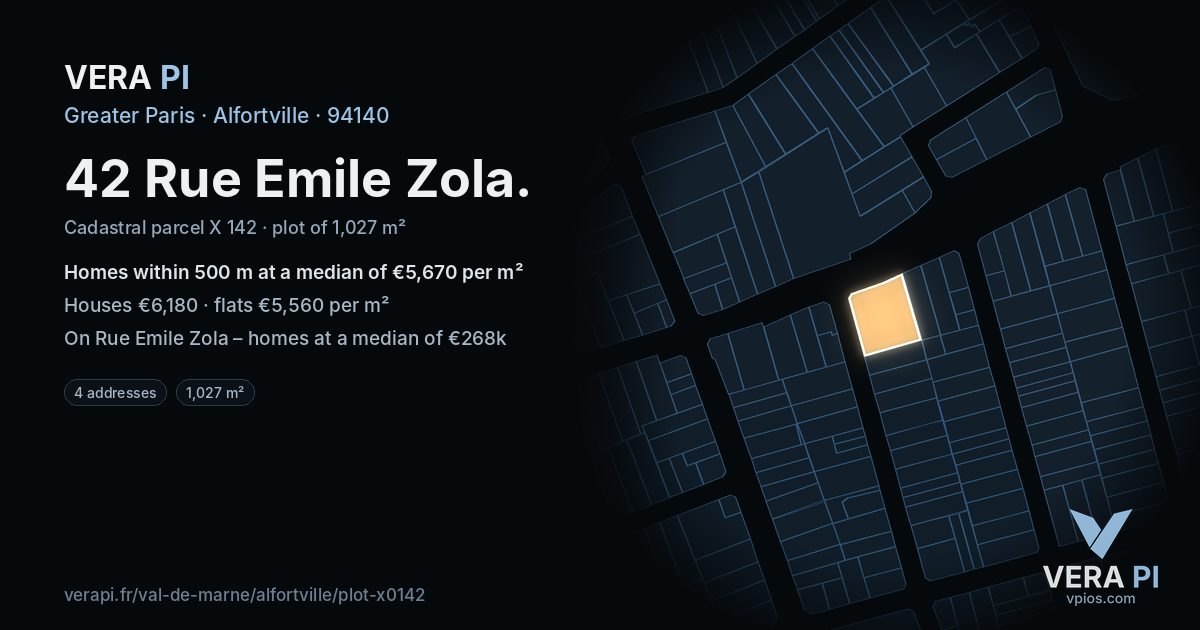 42 Rue Emile Zola, Alfortville at night – the plot lit, the parcels around coloured by the prices near them