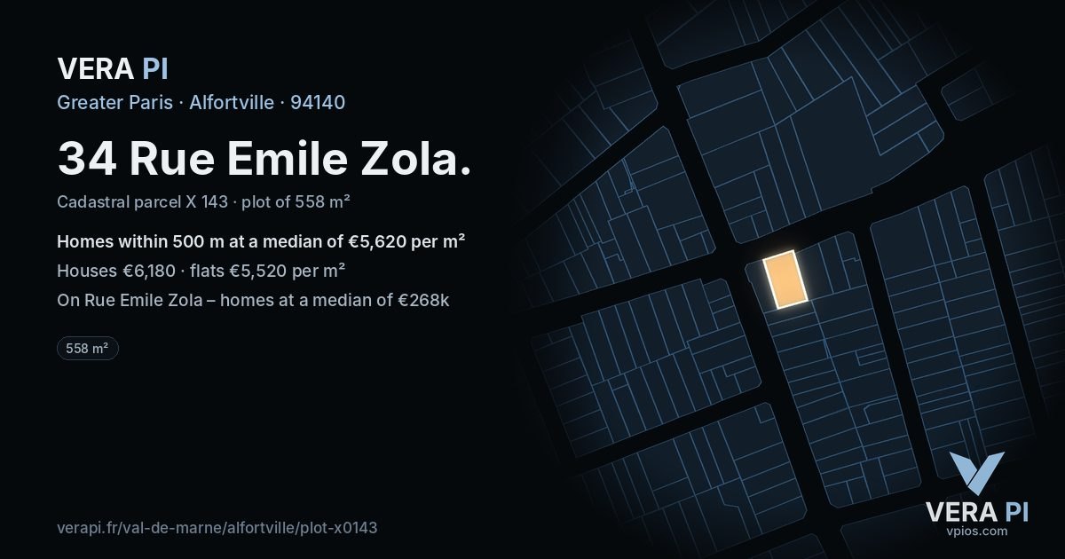 34 Rue Emile Zola, Alfortville at night – the plot lit, the parcels around coloured by the prices near them
