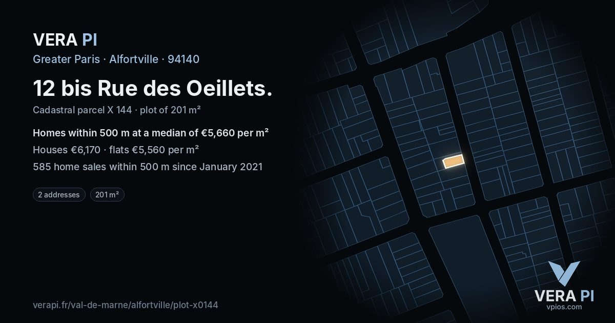 12 bis Rue des Oeillets, Alfortville at night – the plot lit, the parcels around coloured by the prices near them