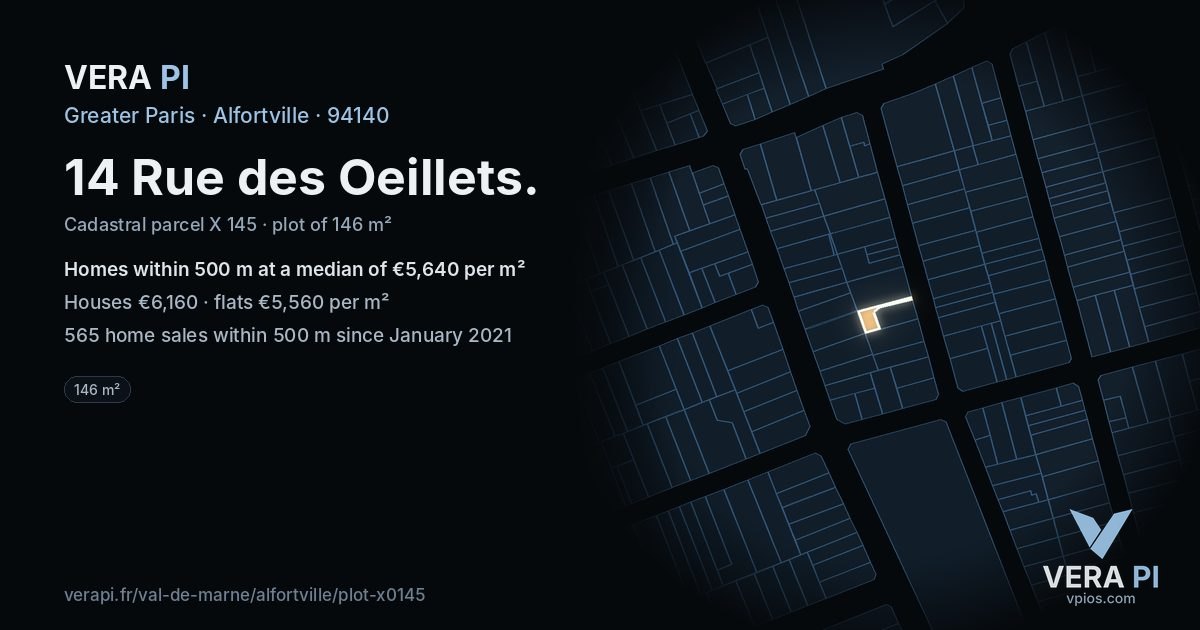 14 Rue des Oeillets, Alfortville at night – the plot lit, the parcels around coloured by the prices near them