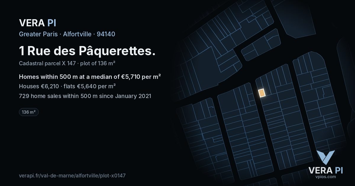1 Rue des Pâquerettes, Alfortville at night – the plot lit, the parcels around coloured by the prices near them