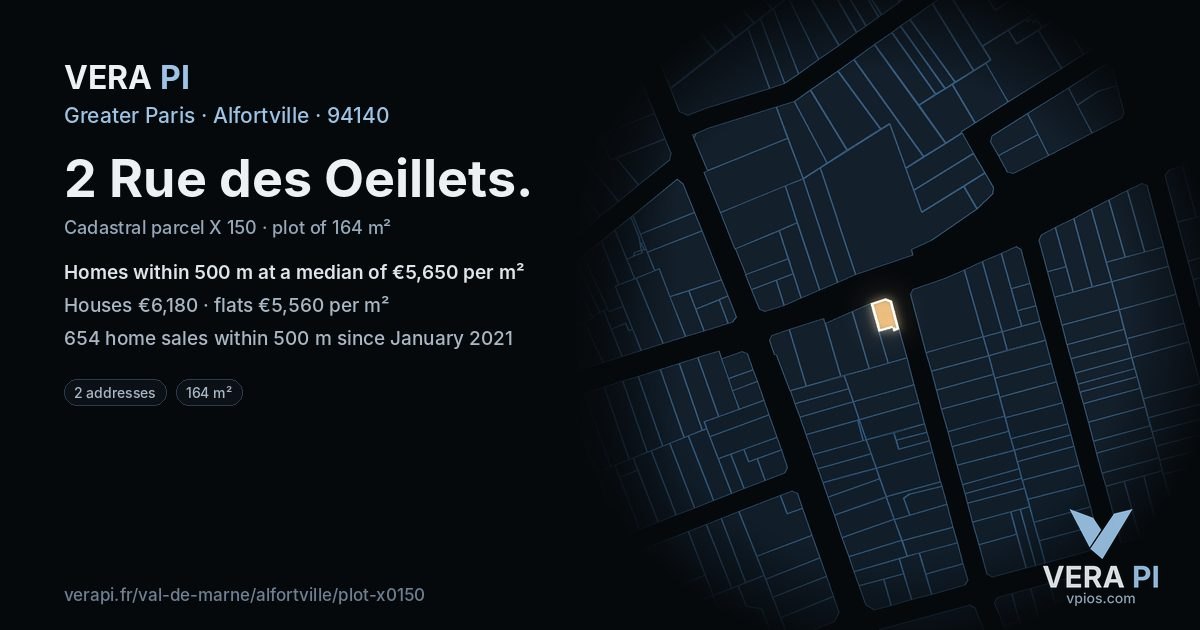 2 Rue des Oeillets, Alfortville at night – the plot lit, the parcels around coloured by the prices near them