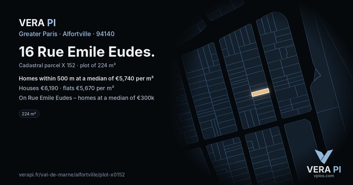 16 Rue Emile Eudes, Alfortville at night – the plot lit, the parcels around coloured by the prices near them