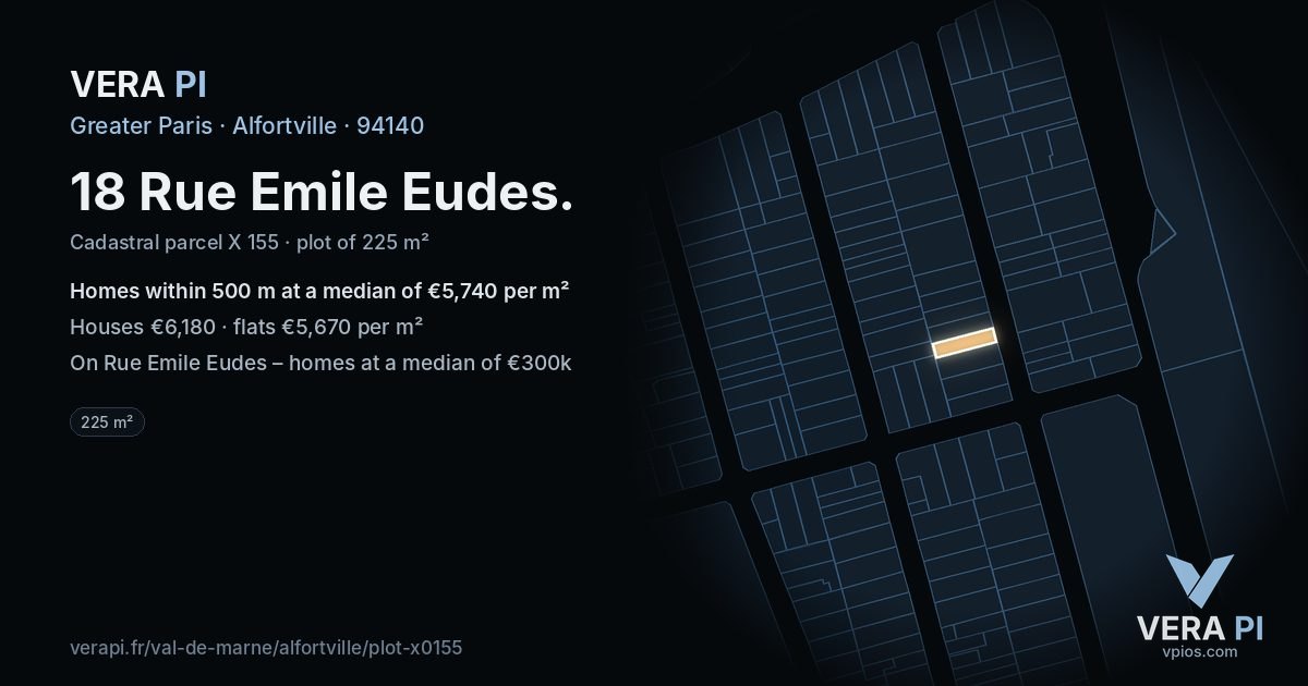 18 Rue Emile Eudes, Alfortville at night – the plot lit, the parcels around coloured by the prices near them