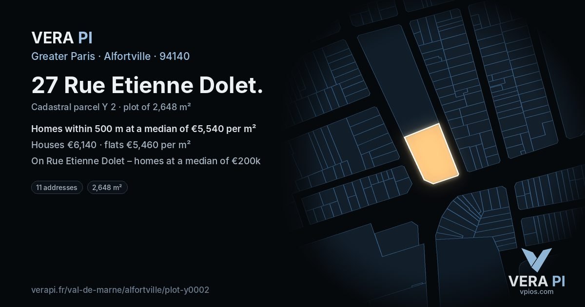 27 Rue Etienne Dolet, Alfortville at night – the plot lit, the parcels around coloured by the prices near them