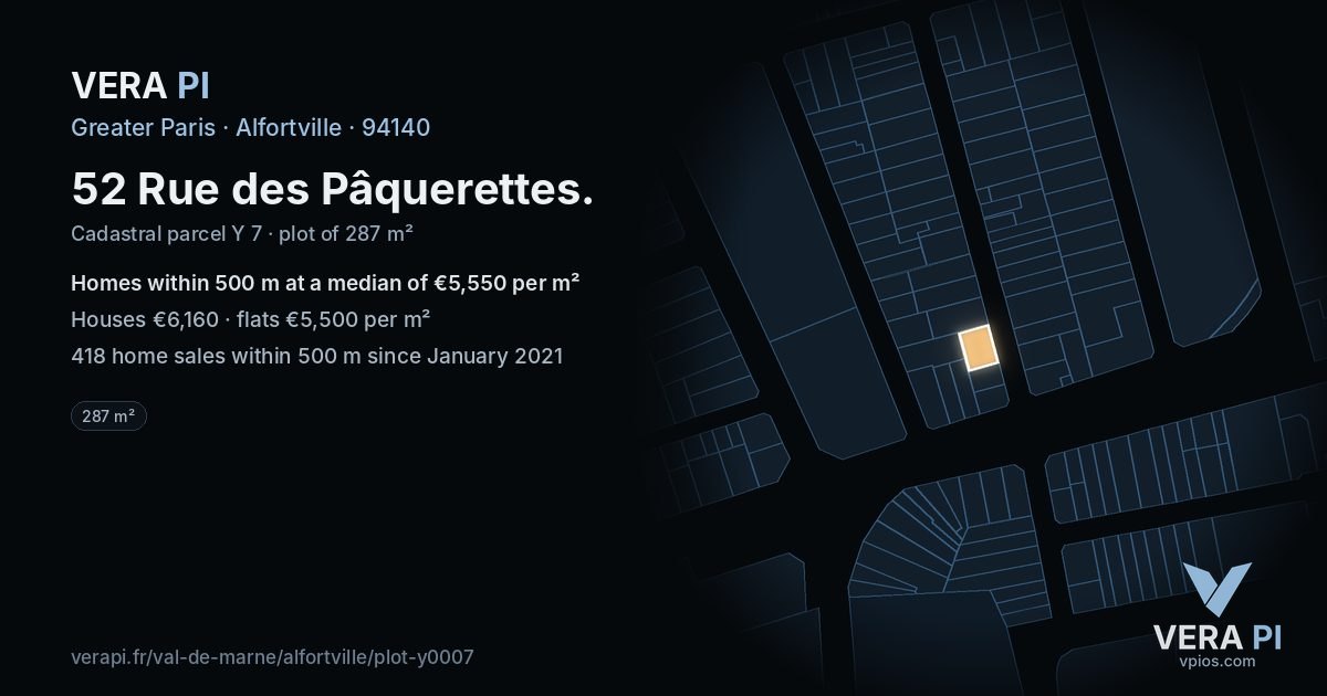 52 Rue des Pâquerettes, Alfortville at night – the plot lit, the parcels around coloured by the prices near them