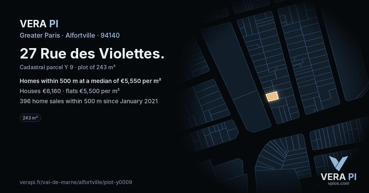 27 Rue des Violettes, Alfortville at night – the plot lit, the parcels around coloured by the prices near them