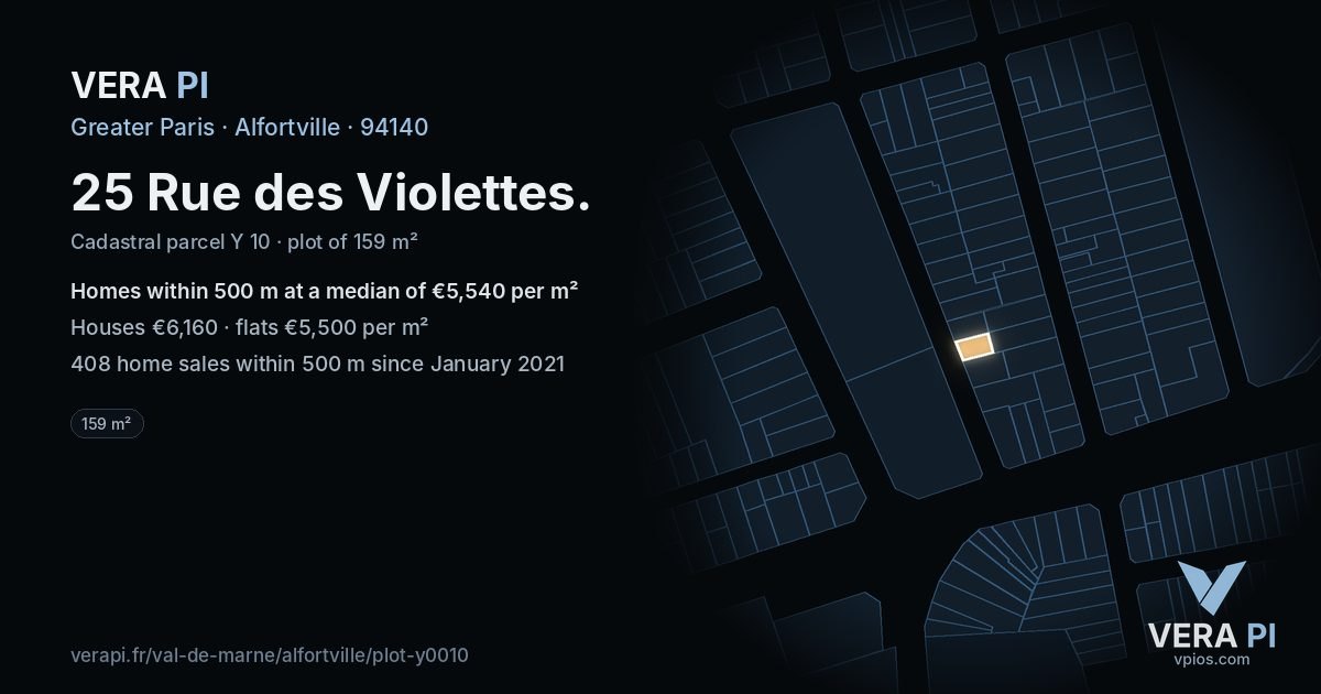 25 Rue des Violettes, Alfortville at night – the plot lit, the parcels around coloured by the prices near them