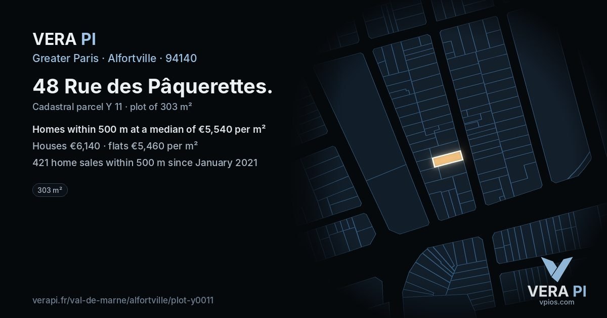48 Rue des Pâquerettes, Alfortville at night – the plot lit, the parcels around coloured by the prices near them