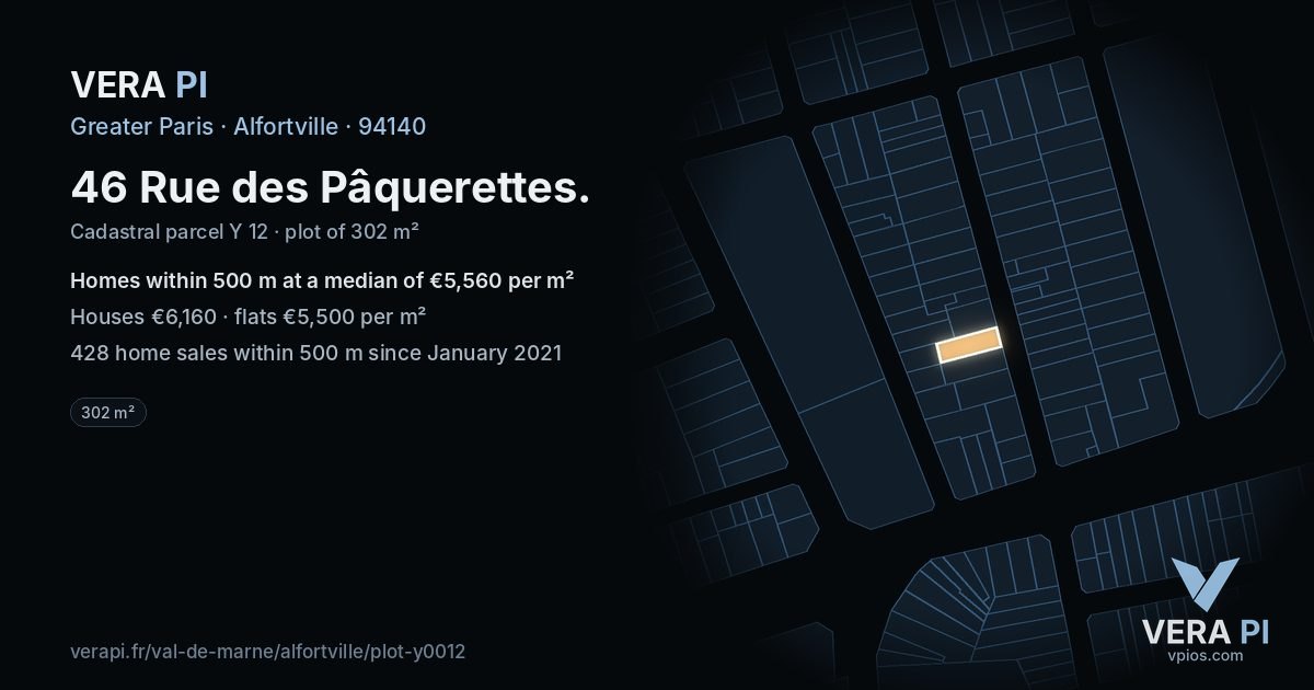 46 Rue des Pâquerettes, Alfortville at night – the plot lit, the parcels around coloured by the prices near them