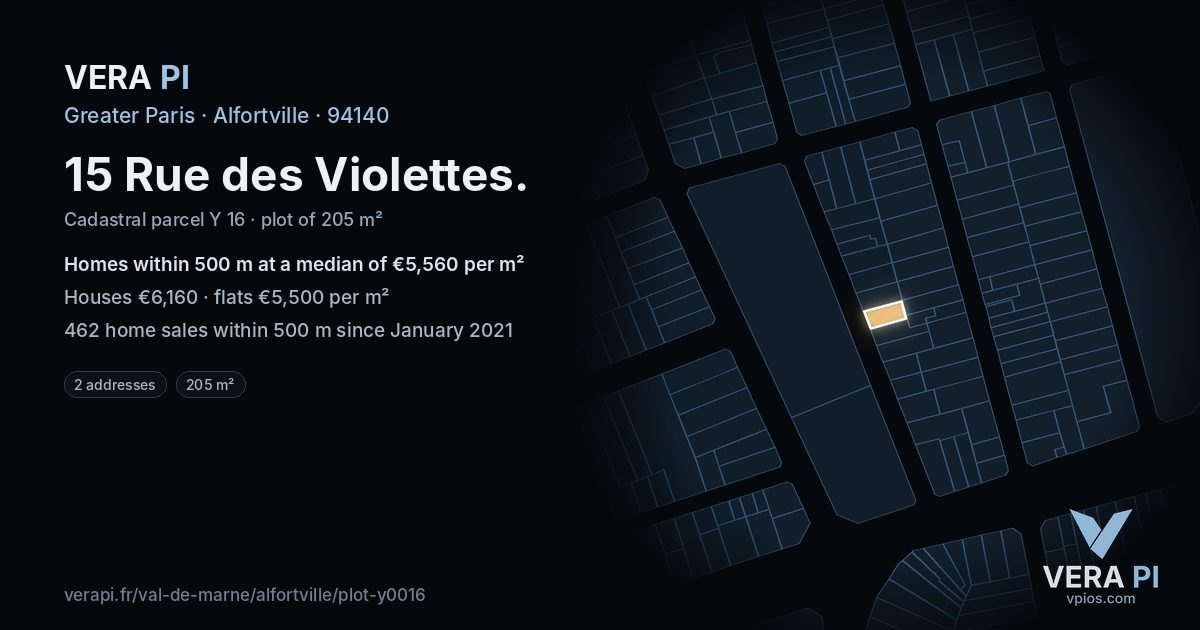15 Rue des Violettes, Alfortville at night – the plot lit, the parcels around coloured by the prices near them