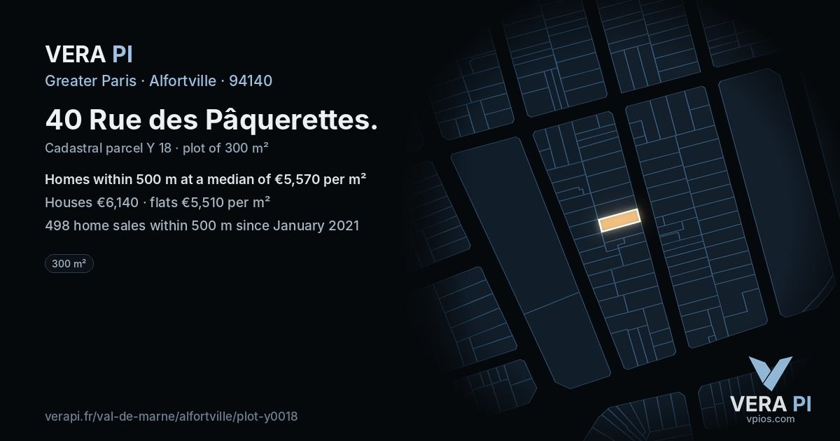40 Rue des Pâquerettes, Alfortville at night – the plot lit, the parcels around coloured by the prices near them